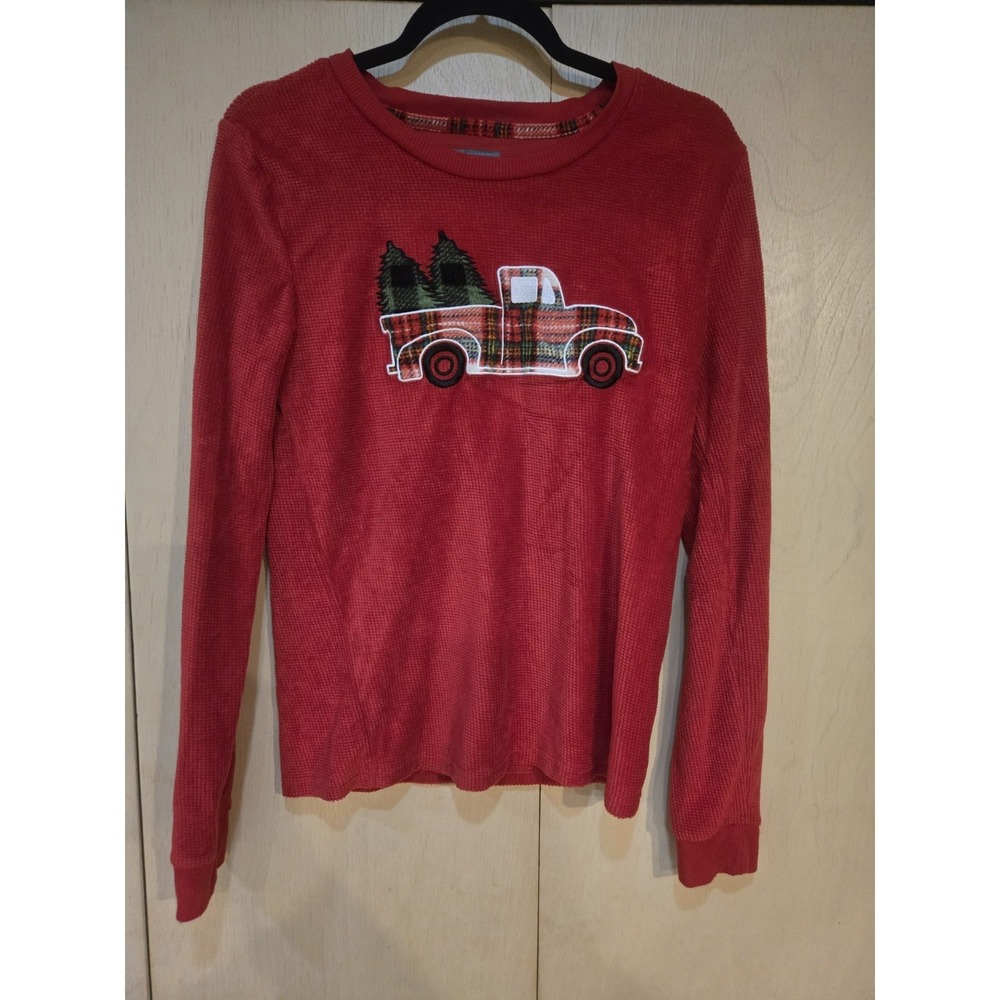 Eddie Bauer Kids XL 18/20 Red Christmas Truck Trees Waffle Knit Thermal Top